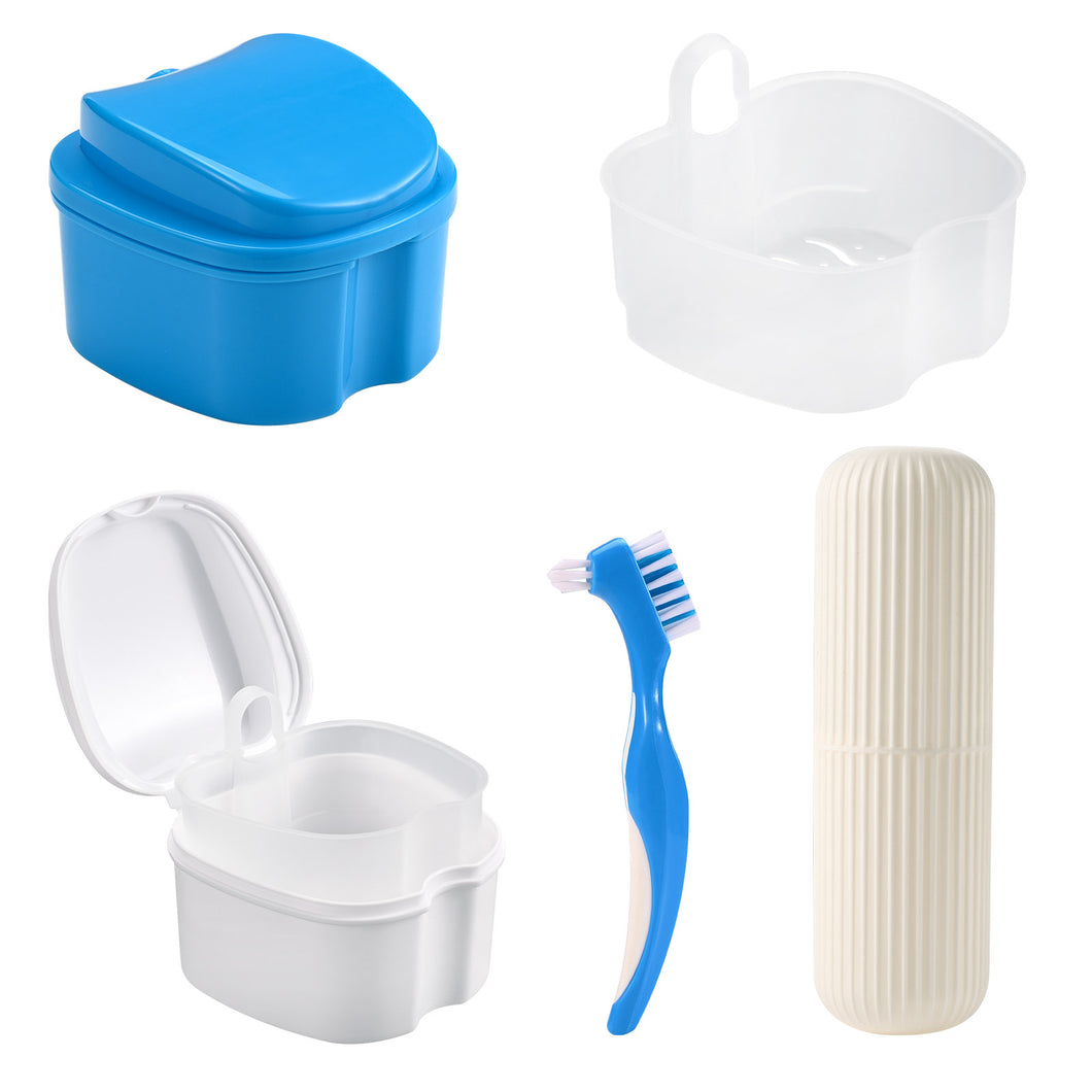 Denture Case Kit, 2 Denture Bath Cups with 2 Denture Brush & 2 Portable Toothbrush Box,
