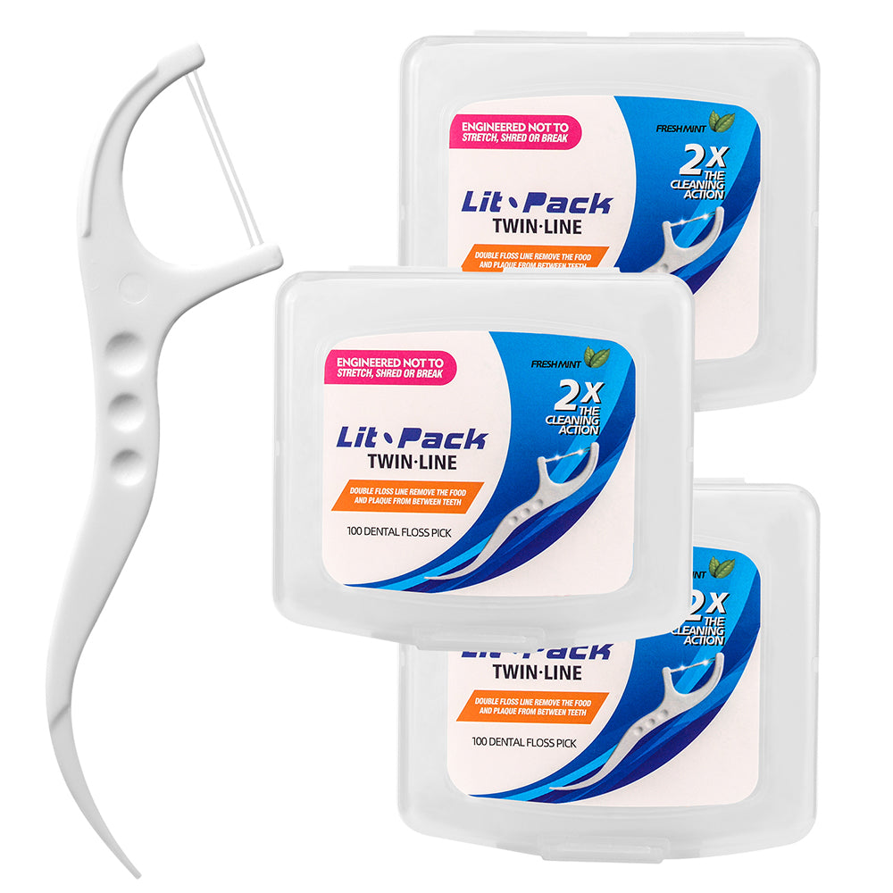 •	Twin-Line Dental Floss Picks Fresh Mint Favor 3 large Portable Cases 300 pcs