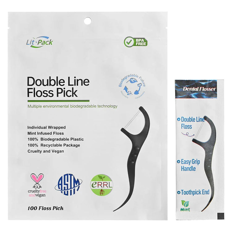 Double line floss pick dental flosser biodegradable eco-friendly packaging, individually wrapped