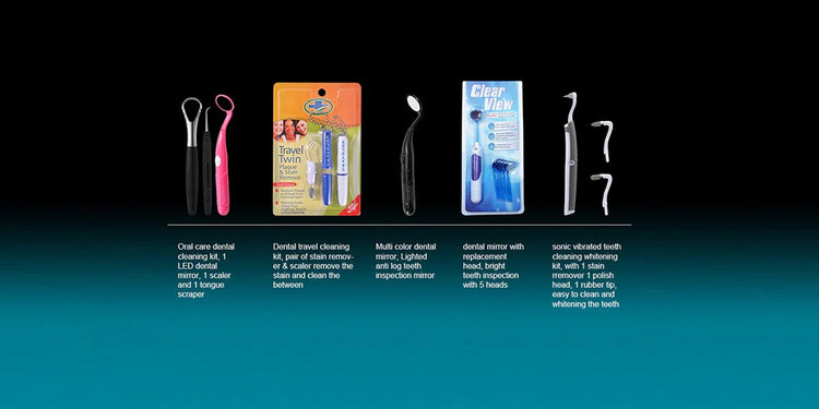 Assorted dental cleaning kits, LED dental mirrors, stain removers, and toothpicks displayed on black background.
